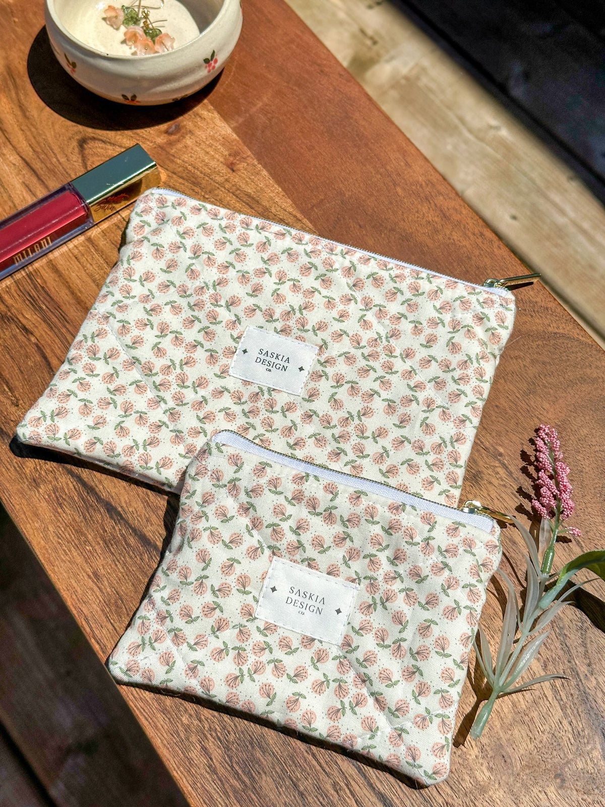 Pink Dandelion Quilted Zipper Pouch