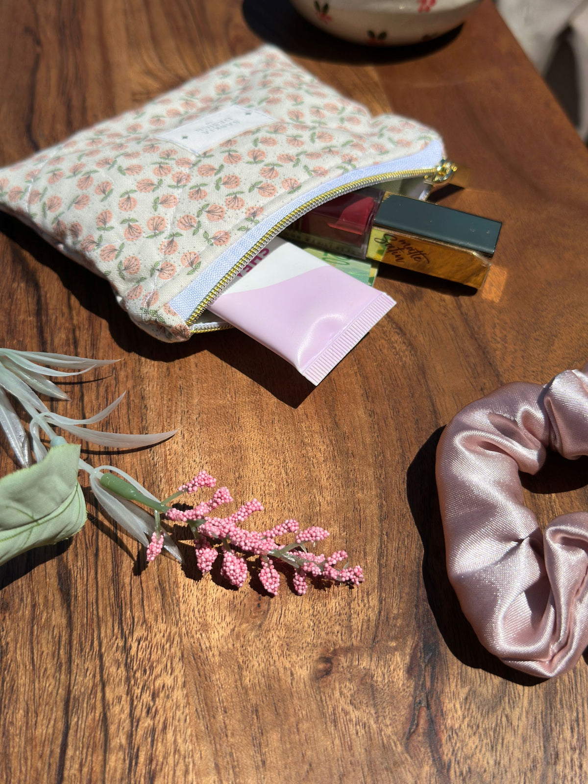 Pink Dandelion Quilted Zipper Pouch
