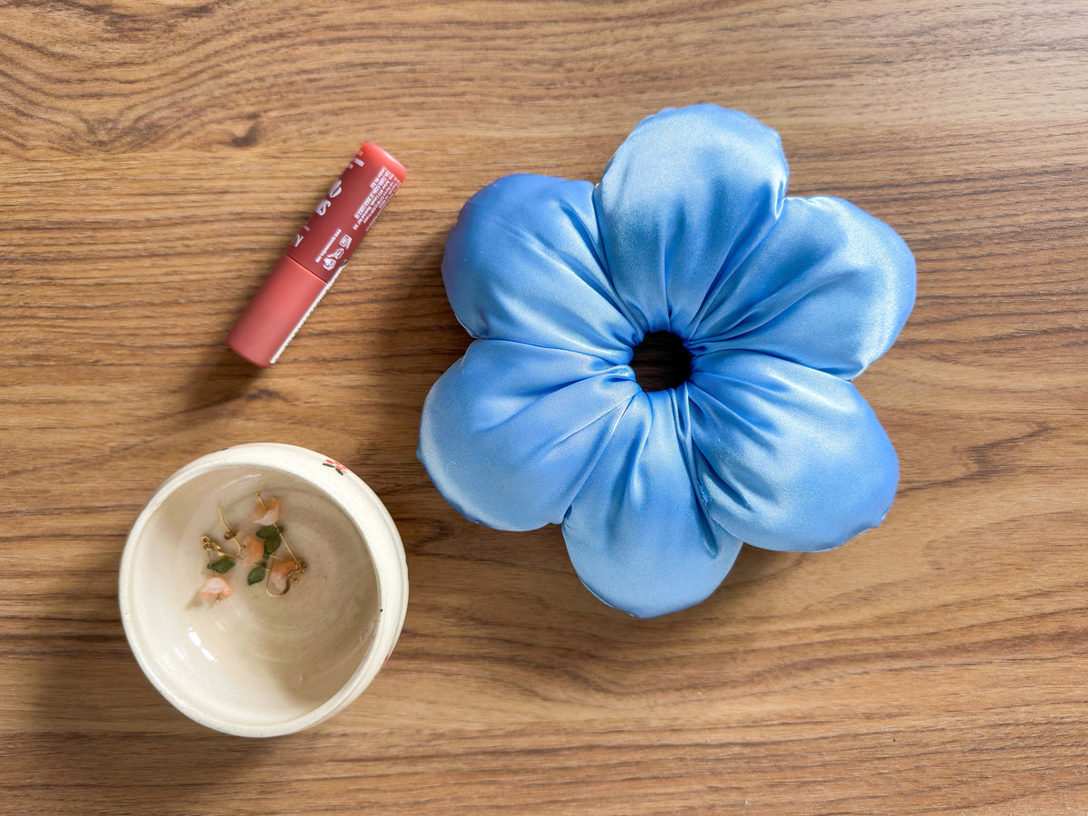 Large Satin Flower Statement Ponytail Holder - Celeste